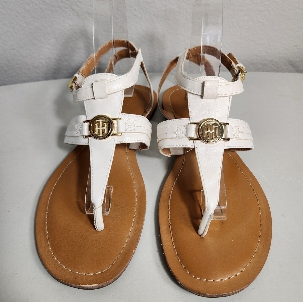 Tommy Hilfiger White Vegan Leather Lorine Strappy Thong Sandals-Size 8